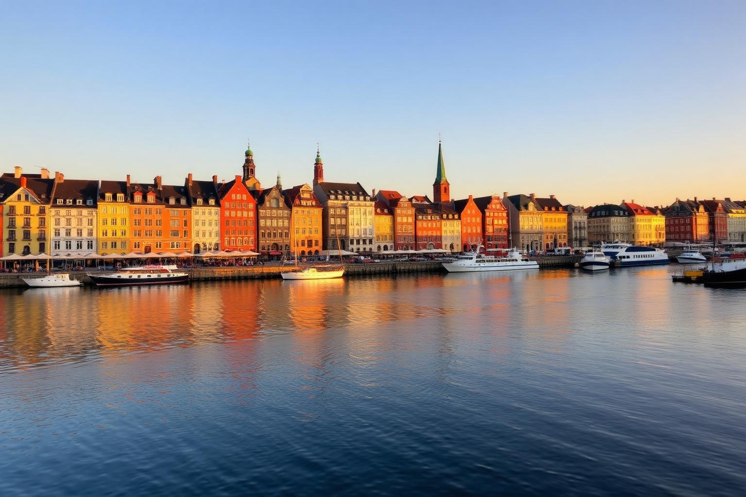 Vue du front de mer de Gamla Stan, la vieille ville de Stockholm, au coucher du soleil